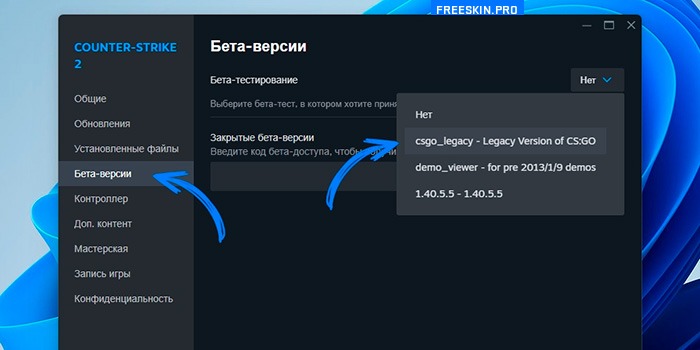 Выбор бета-версии игры CS2